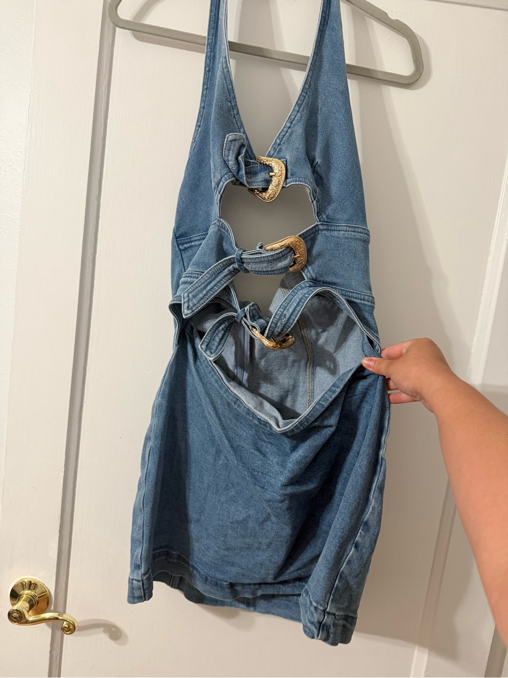 Denim Mini Dress with Gold Buckle Accents